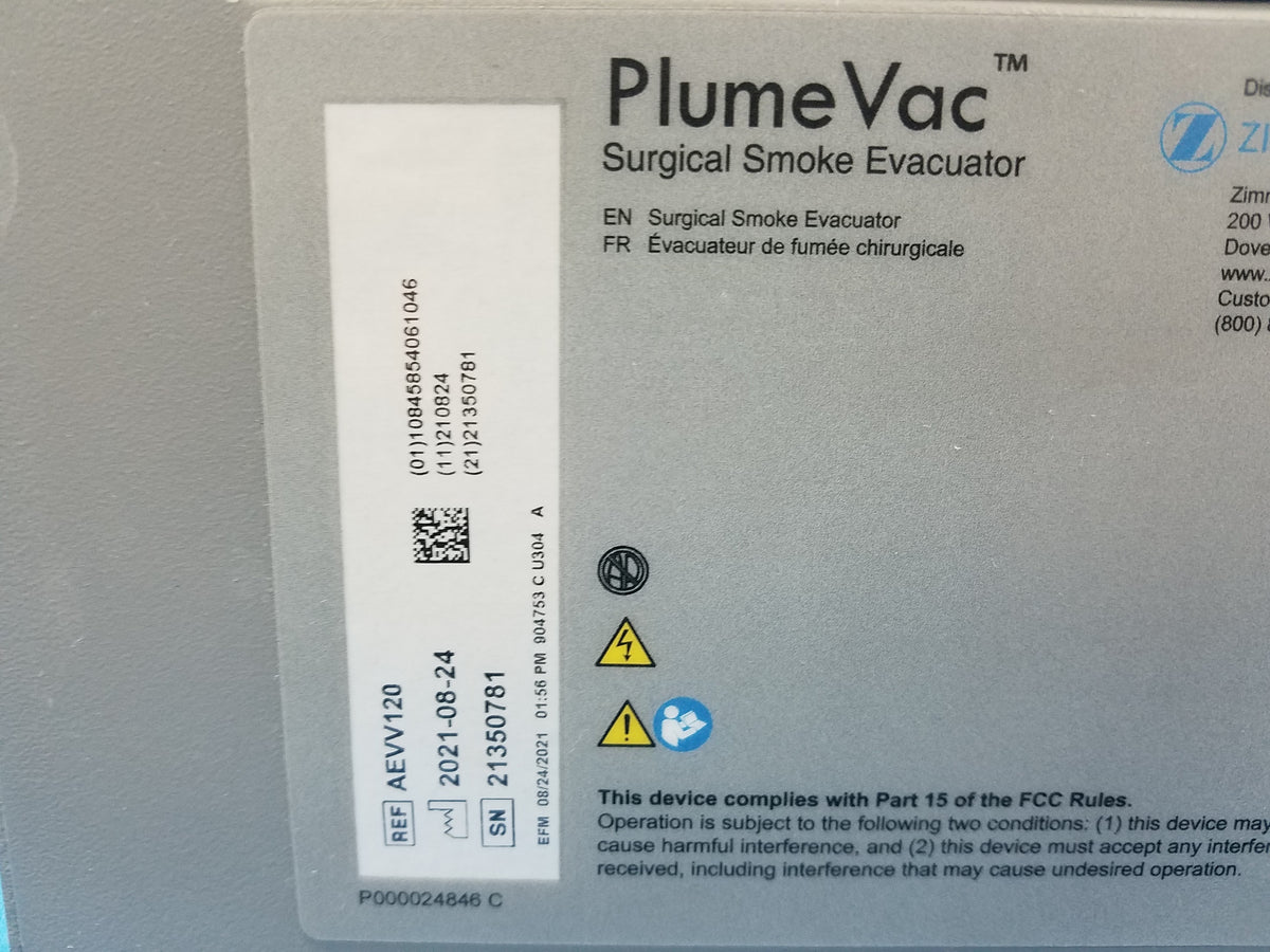 Zimmer Biomet PlumeVac Surgical Smoke Evacuator Ref AEVV120