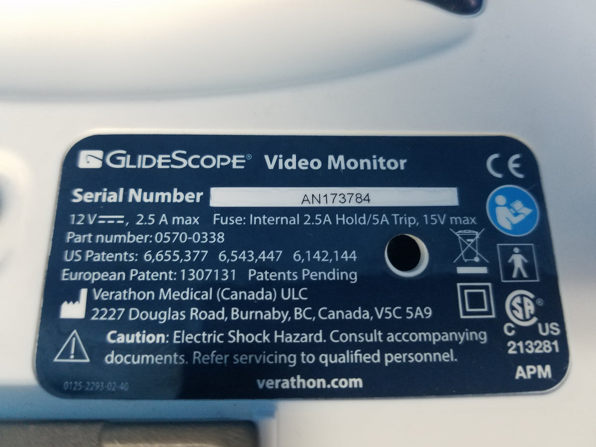 Verathon Glidescope 0570-0338 Video Monitor With 0570-0307 Baton Laryngoscope & Power Supply