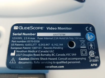 Verathon Glidescope 0570-0338 Video Monitor With 0570-0307 Baton Laryngoscope & Power Supply