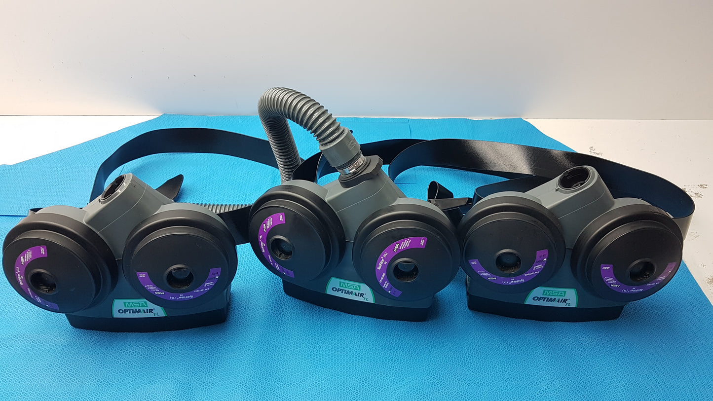 Lot of 3 MSA OptimAir TL PAPR Powered Air Purifying Respirator Blowers Hoses