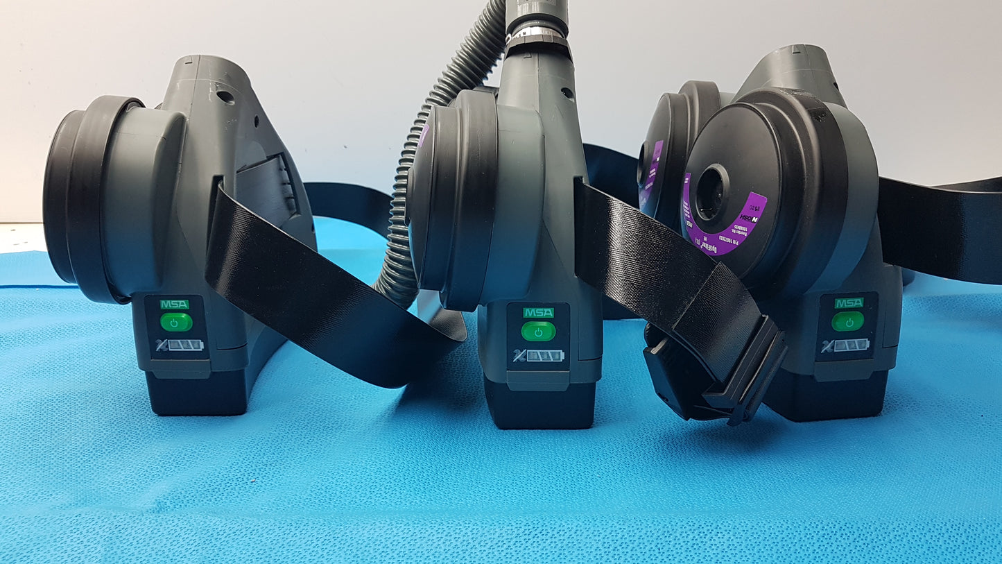 Lot of 3 MSA OptimAir TL PAPR Powered Air Purifying Respirator Blowers Hoses