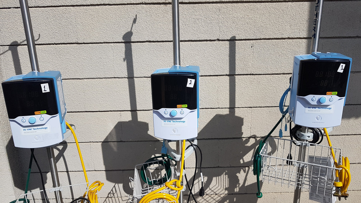 Lot of 3 Vapotherm Precision Flow Plus Hi-VNI Respiratory Units With Rolling Stands