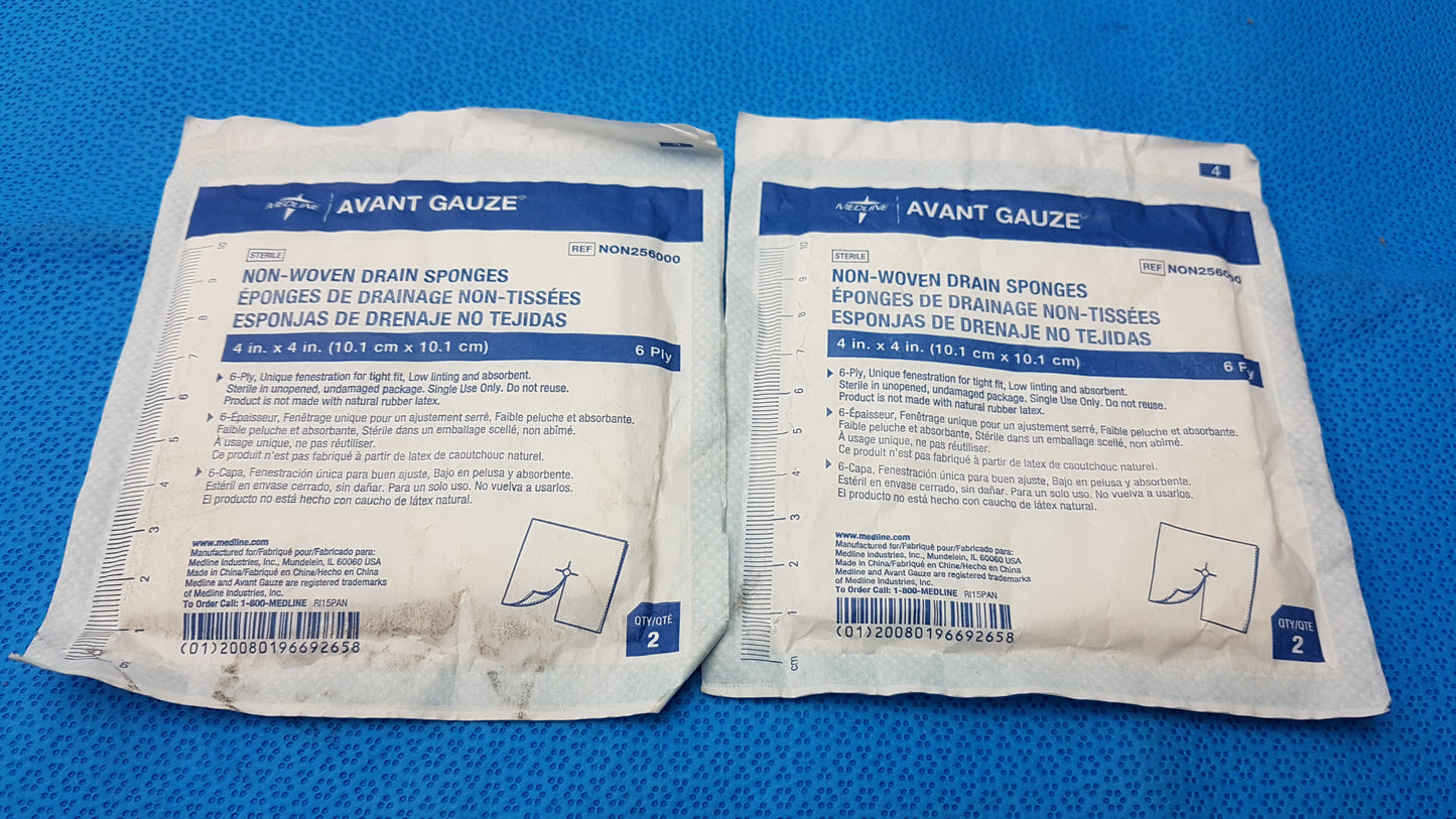 Lot of 2 Medline Avant Gauze Sterile Non-Woven Drain Sponges 4"x4" 6-Ply Ref NON256000