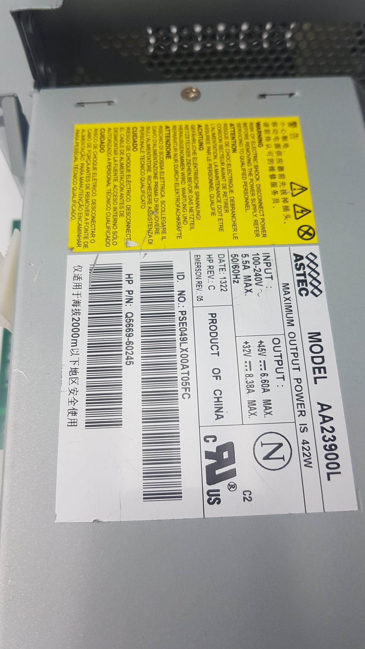 Astec AA23900L 422W Power Supply With CQ113-80028 Main PCA Board
