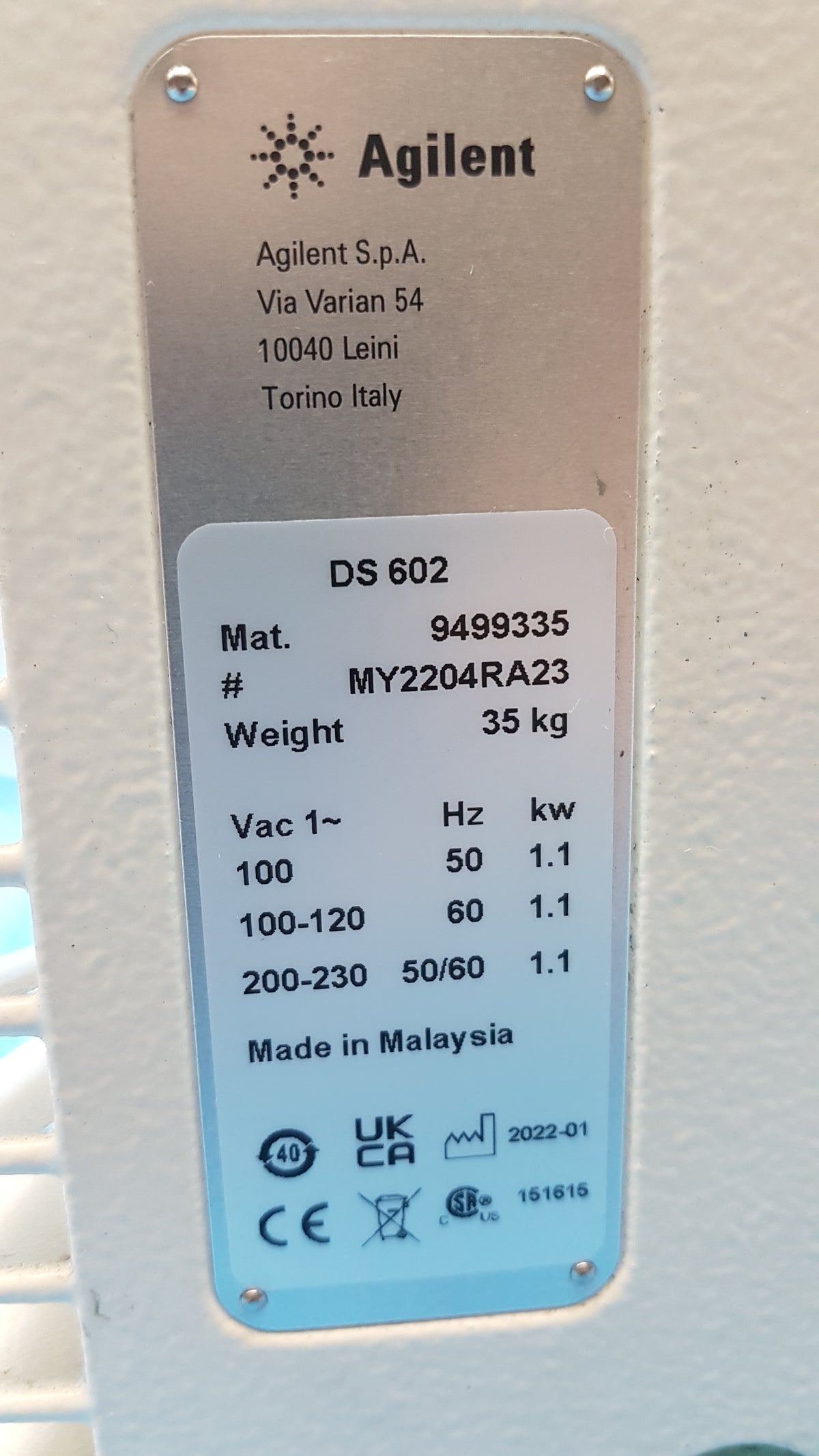 Agilent DS602 Dual Stage Rotary Vane Pump P/N 9499335