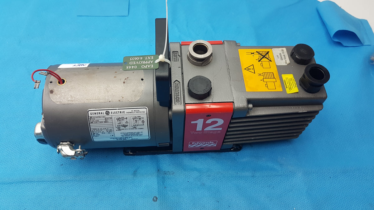 Edwards E2M-12 Dual Stage Rotary Vane Vacuum Pump With General Electric 3/4 HP Ac Motor M0D 5KC45PG1738T