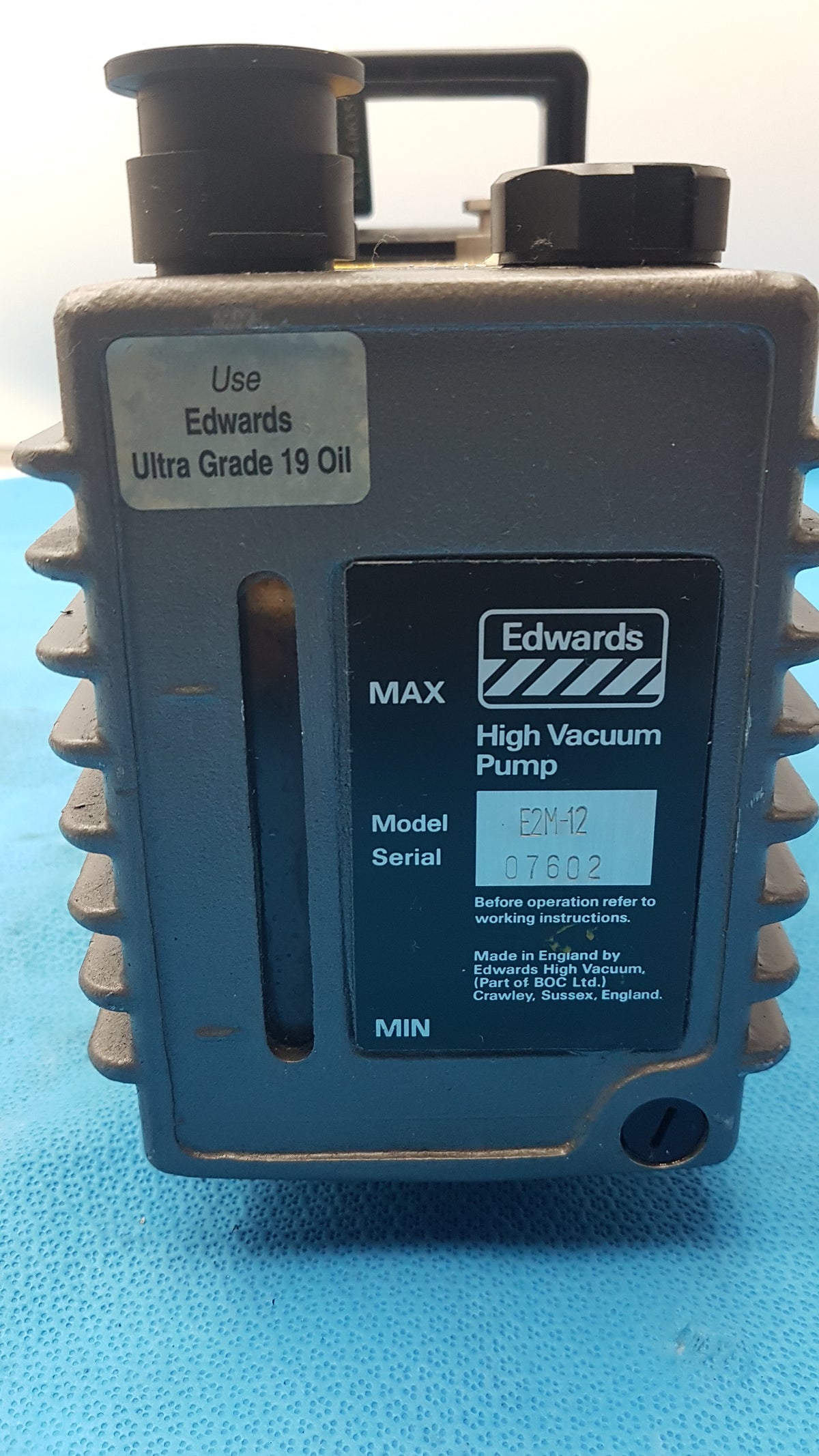 Edwards E2M-12 Dual Stage Rotary Vane Vacuum Pump With General Electric 3/4 HP Ac Motor M0D 5KC45PG1738T