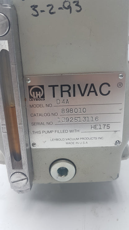 Leybold Trivac D4A Rotary Vane Vacuum Pump With GE 5KC36PN435GX Electric Motor