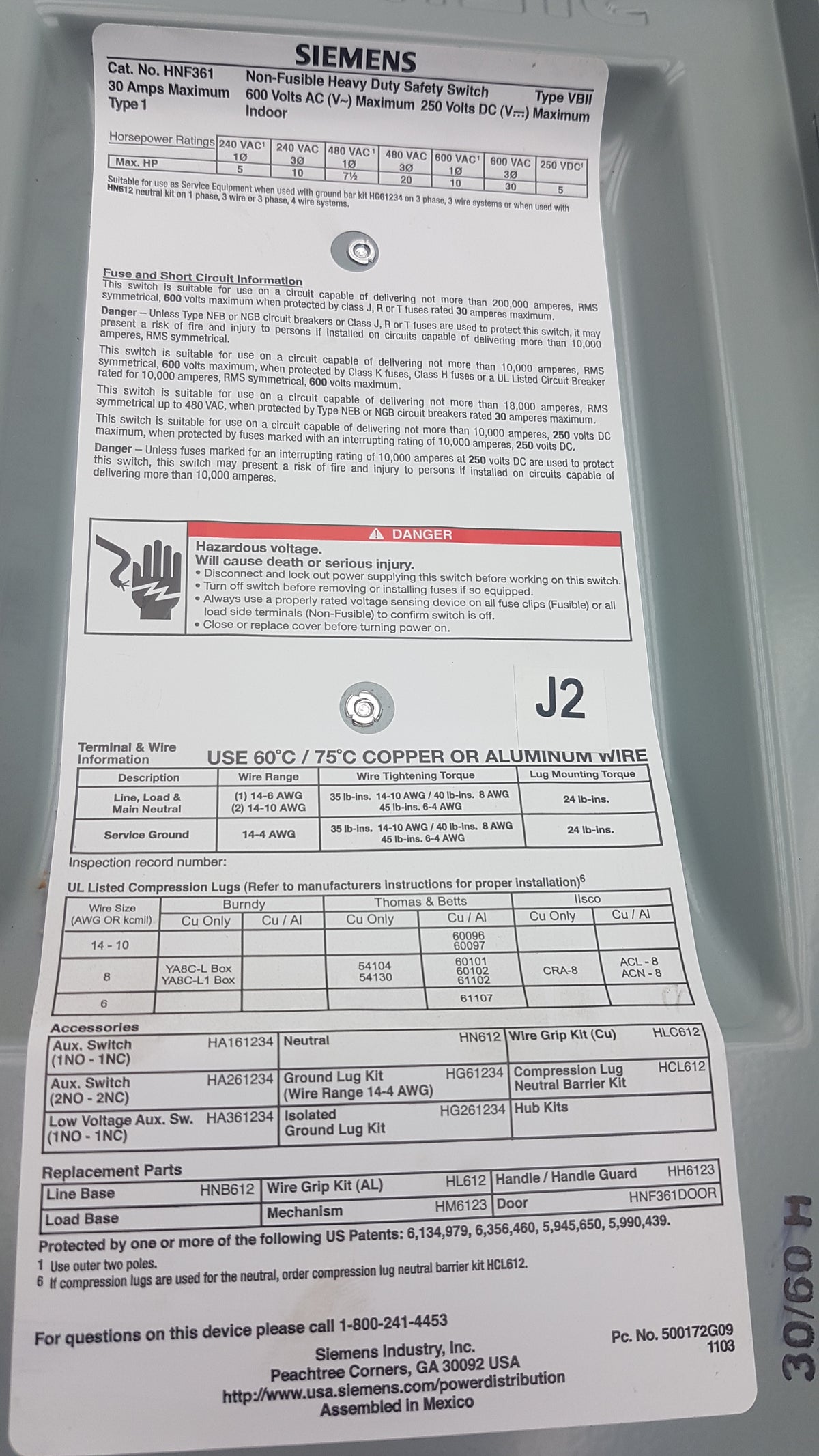 Siemens HNF361 Non Fusible Heavy Duty Safety Switch 3-Pole 30A 600V