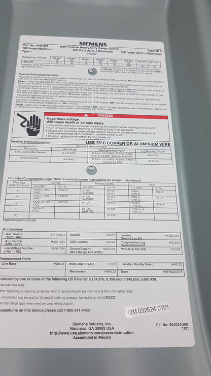Siemens HNF363 Non Fusible Heavy Duty Safety Switch 100 Amp 600V