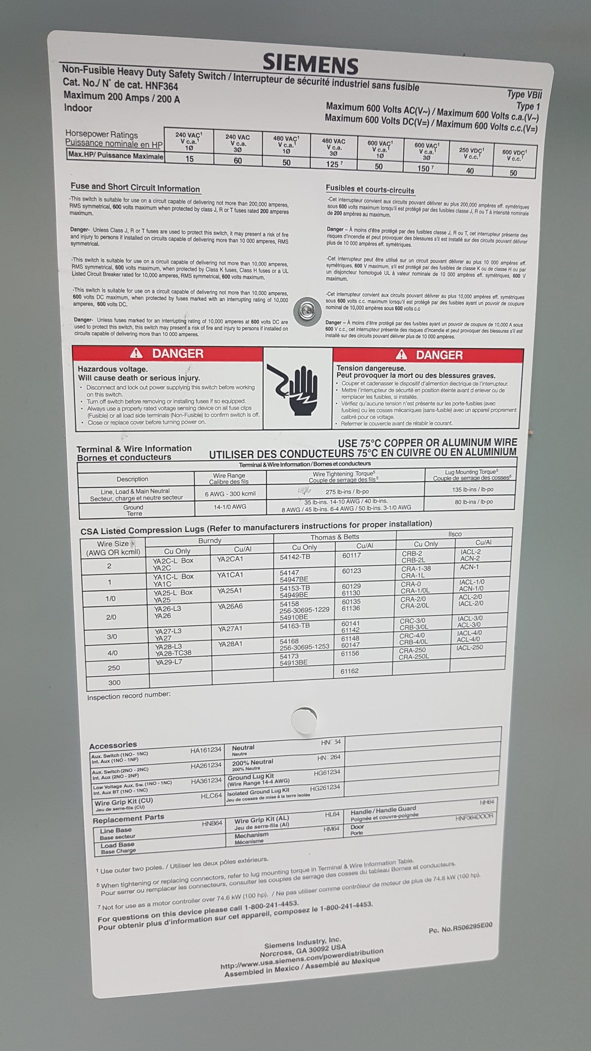 Siemens HNF364 200 Amp 3-Pole Non Fusible Industrial Heavy Duty Safety Switch 600V