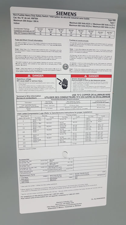 Siemens HNF364 200 Amp 3-Pole Non Fusible Industrial Heavy Duty Safety Switch 600V