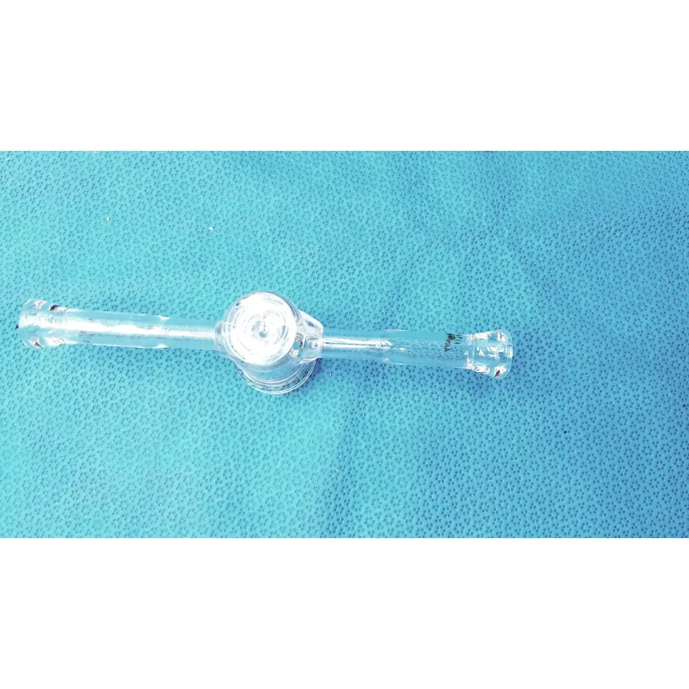 Clear plastic 24/40 borosilicate lab adapter with glass stopcock valve and central circular component for vacuum use