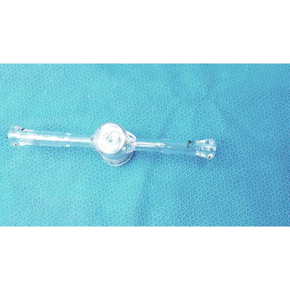 Clear plastic 24/40 borosilicate lab adapter with glass stopcock valve and central circular component for vacuum use