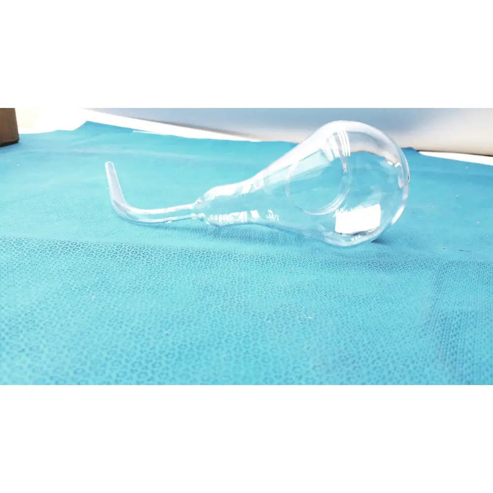 Clear glassware adapter with 90° cone and bulbous reservoir for connecting rubber hose tube in lab use