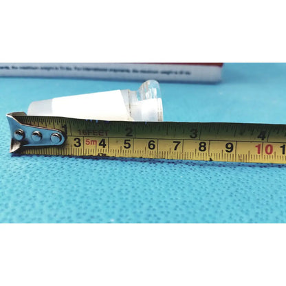 Yellow metal tape measure with black markings and silver hook alongside 24/40 lab glass adapter made of borosilicate glass