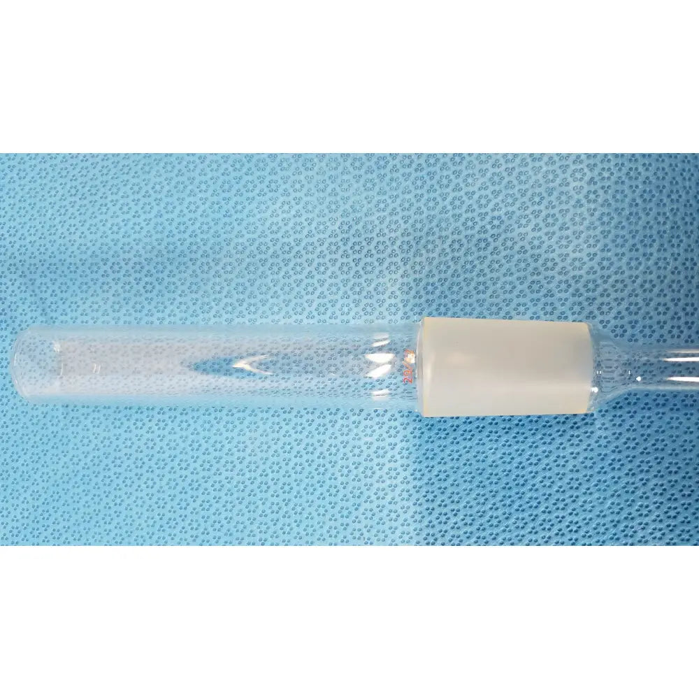 Clear glass lab glass straight receiver adapter with 29/42 male joint and white plastic stopper made of borosilicate
