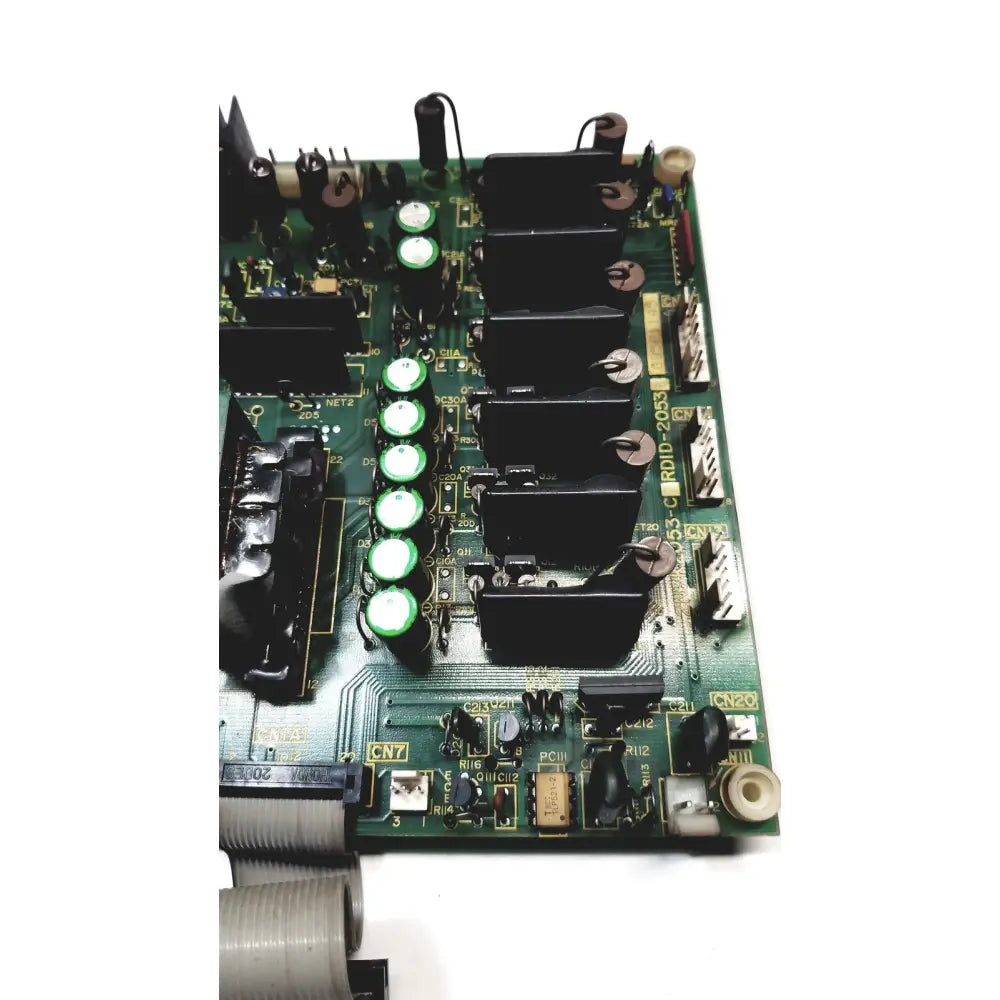 Green circuit board with black capacitors and green cylindrical components of 2p8414t mother board 2n3k2053-crdid-2053b