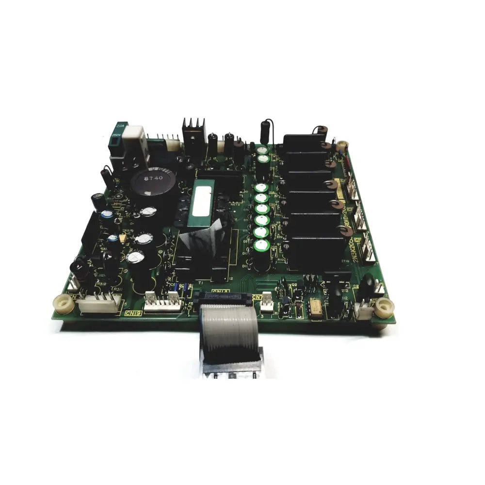 Green printed circuit board with black components capacitors and heat sinks of 2p8414t mother board model 2n3k2053-crdid-2053b