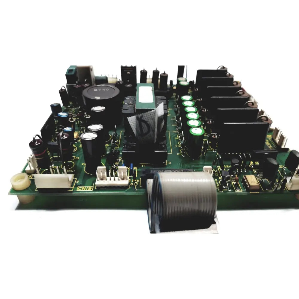 Green circuit board with black capacitors green cylindrical components and gray coiled cable of 2p8414t mother board