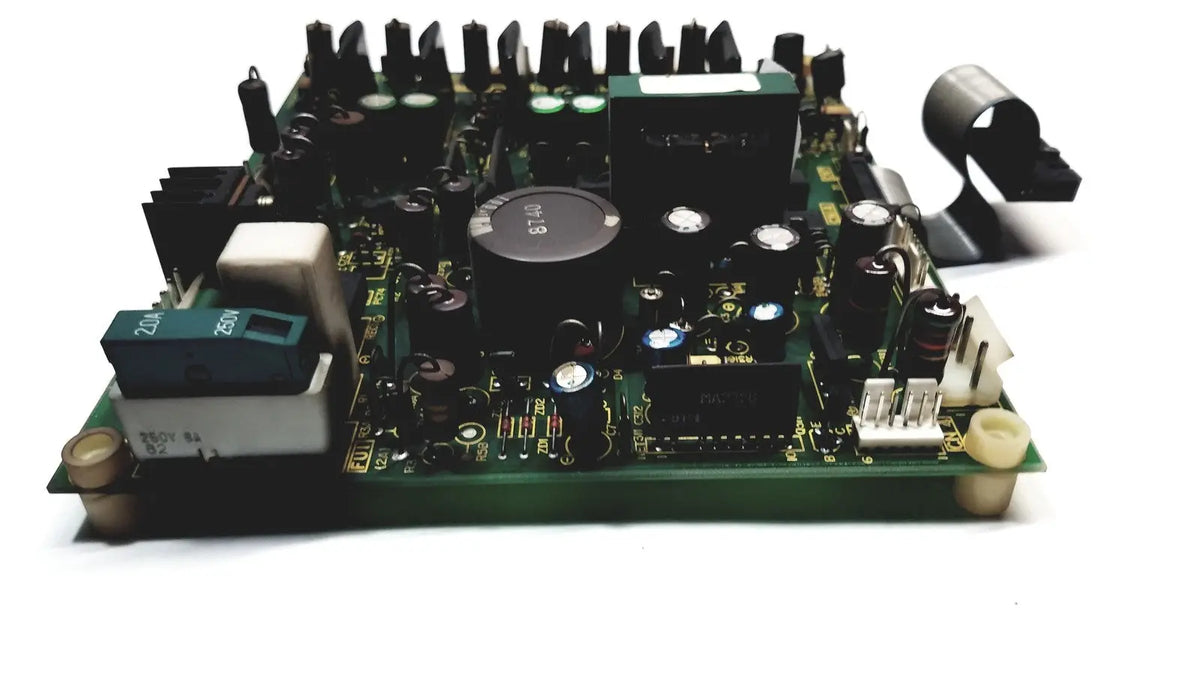 Green printed circuit board with black electronic components and connectors in 2p8414t mother board 2n3k2053-crdid-2053b