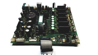 Green printed circuit board with black components capacitors and heat sinks of 2p8414t mother board model 2n3k2053-crdid-2053b
