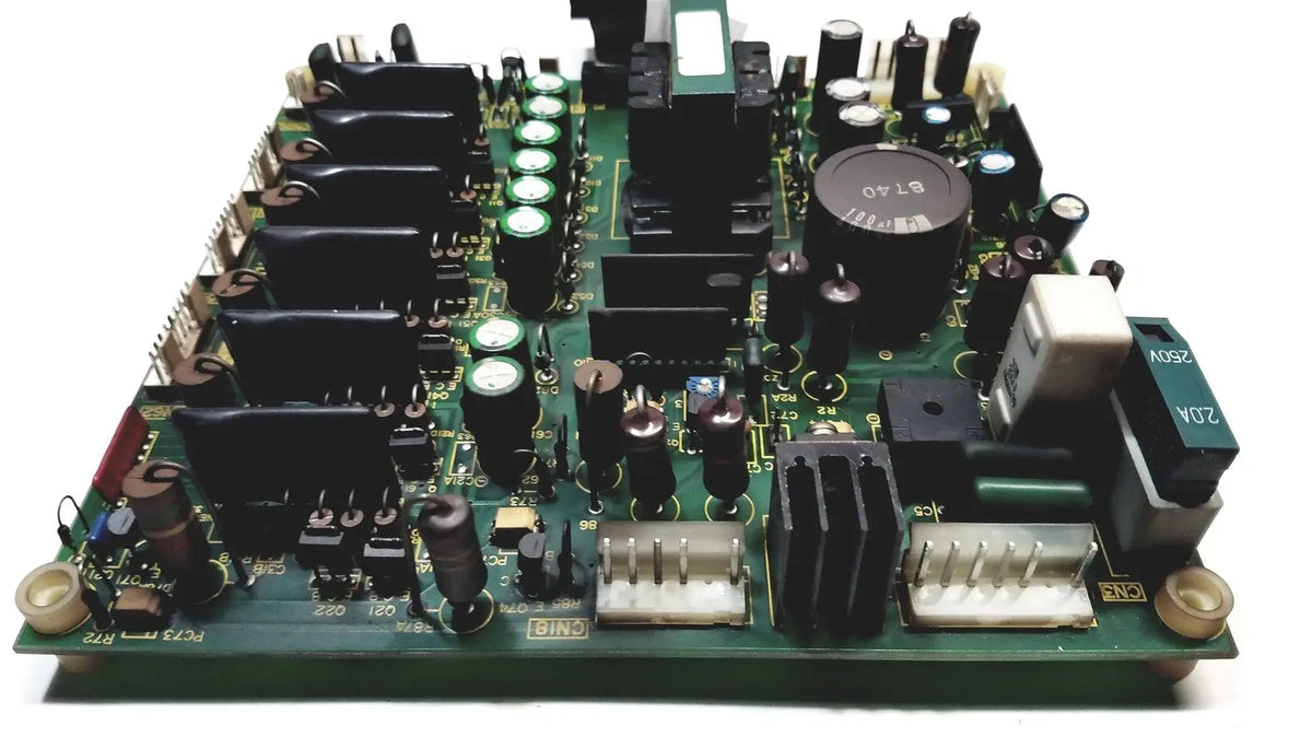 Green printed circuit board with black capacitors resistors and connectors for 2p8414t mother board model 2n3k2053-crdid-2053b
