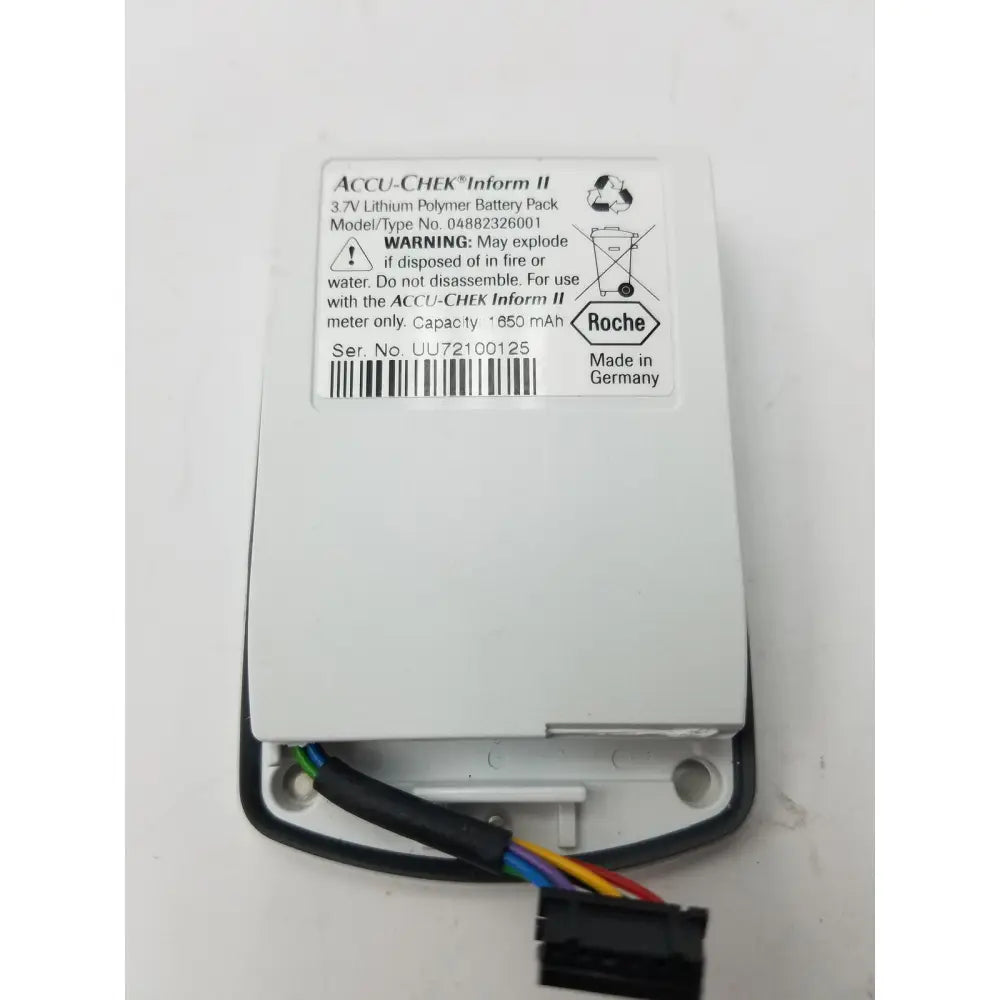 White rectangular accu-chek inform ii 3.7v lithium battery pack with black wiring by roche germany for medical use
