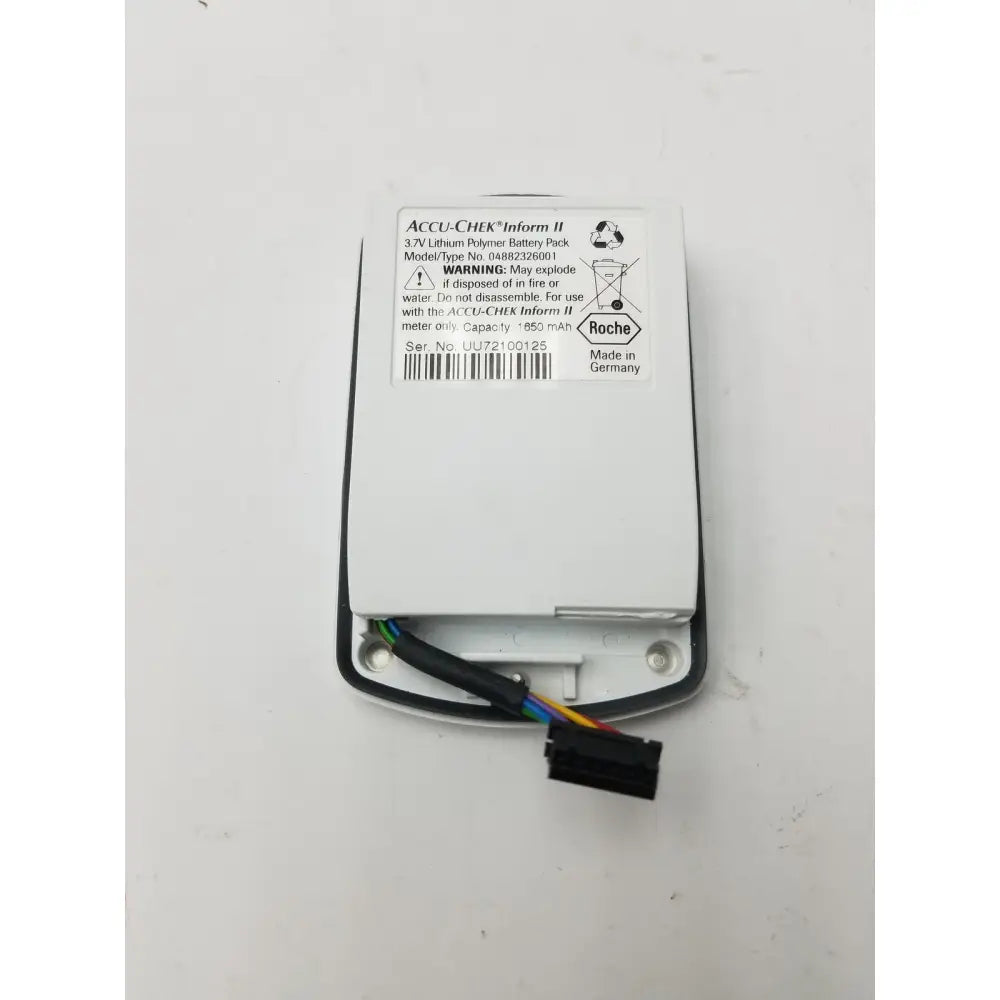 White rectangular 3.7v lithium battery pack for accu-chek inform ii with black connector and multicolored wires by roche germany