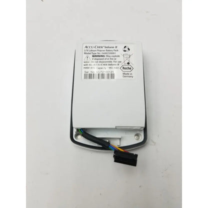 White rectangular 3.7v lithium battery pack for accu-chek inform ii with black connector and multicolored wires by roche germany