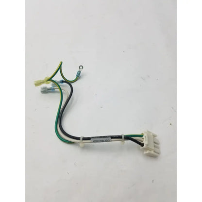 White plastic 3 pin female connector with green and black wires and label 45986174sbi on 4 wire cable rev b