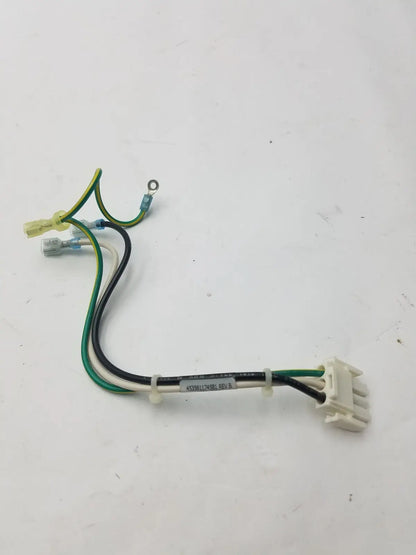 White plastic 3 pin female connector with green and black wires and label 45986174sbi on 4 wire cable rev b