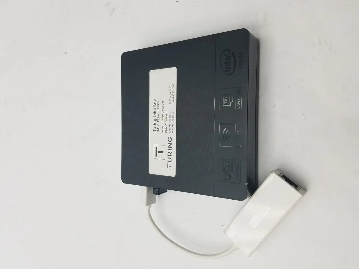 Black turing mini box with intel badge and white 3 pin female connector cable attached for secure connections