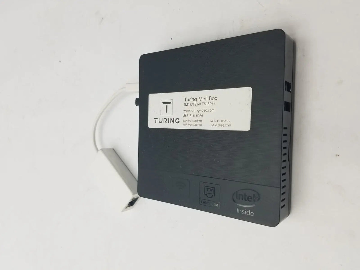 Black rectangular turing mini box with matte finish featuring intel logo and ventilation slits alongside pin female connector cable