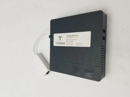 Black rectangular turing mini box with matte finish featuring intel logo and ventilation slits alongside pin female connector cable