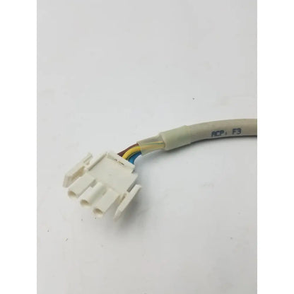 White plastic 3 pin pronge to 3 pin female connector with colored wires from beige insulated cable for electrical use