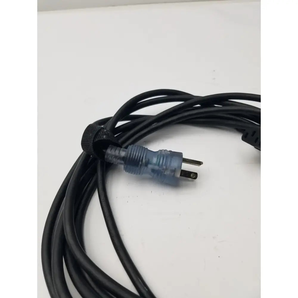 Black 3-prong ac power cord cable with translucent blue usa plug and black cable tie for pc monitor or desktop