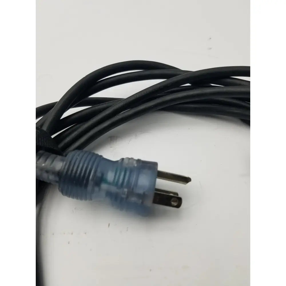 Black power cord cable with translucent blue plastic two flat prong usa plug for pc monitor or desktop use