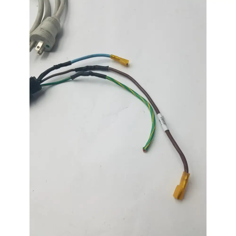 A multi-colored 3 prong power cable with yellow wire connector harness and white power plug for electrical connections