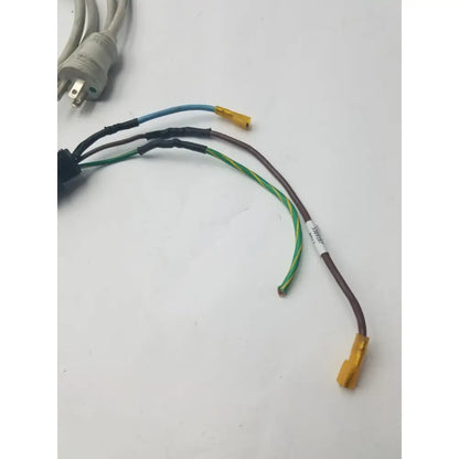 A multi-colored 3 prong power cable with yellow wire connector harness and white power plug for electrical connections