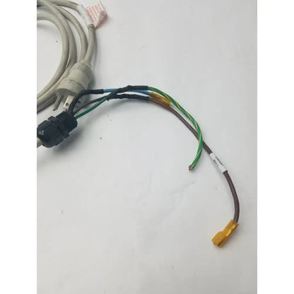 A coiled beige 3 prong power cable with a black wire connector harness and multiple colored wires extending from it