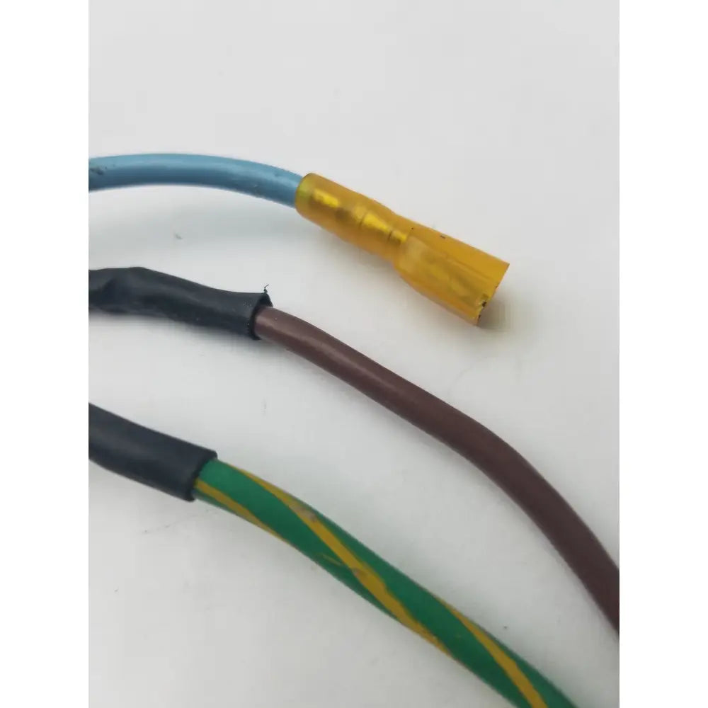 Three insulated wires in blue black and green-yellow with a yellow crimped connector for 3 prong power cable harness
