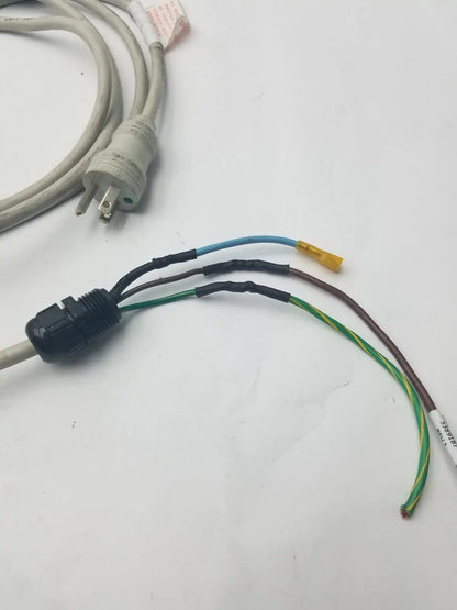 Black plastic 3 prong power cable wire connector harness with multiple colored wires for electrical connections