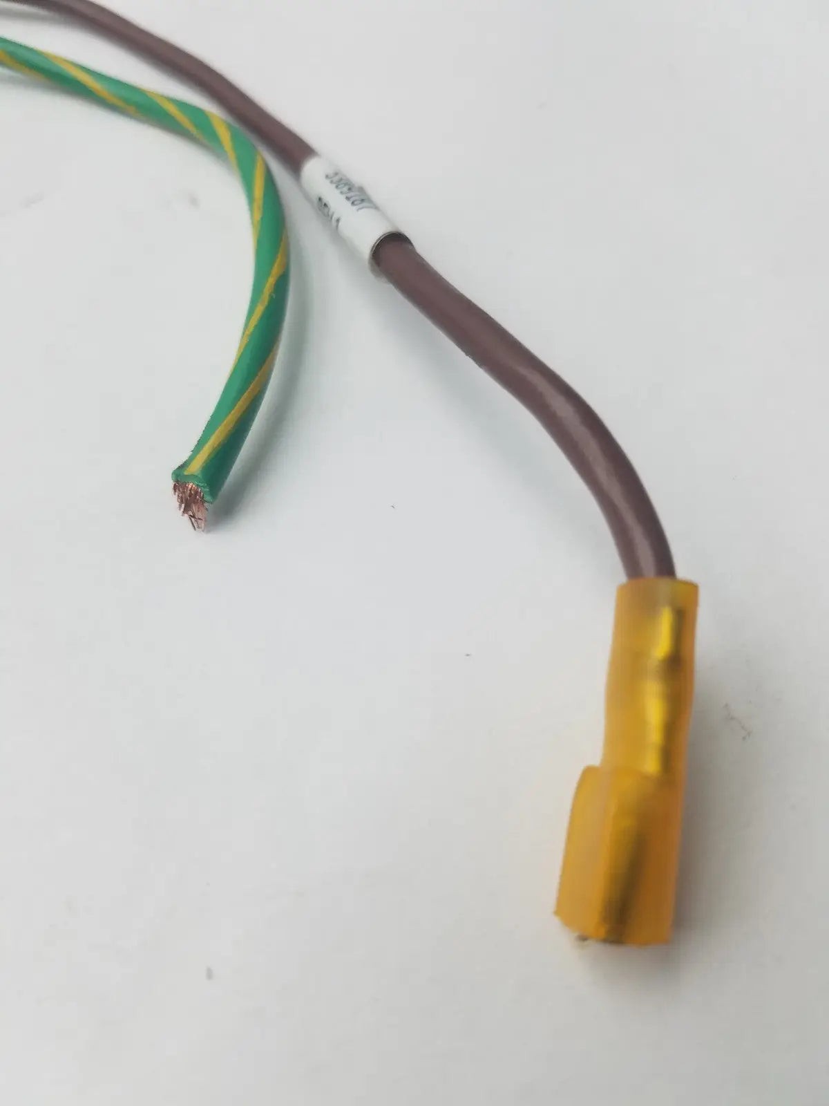 Brown and green striped 3 prong power cable with yellow wire connector harness for electrical connections