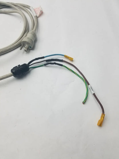 Gray 3 prong power cable with black connector and blue green brown wires featuring yellow wire connector harness