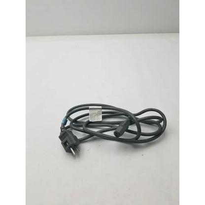 Black 3 prong power cord detachable cable with two-prong plug, three-prong connector, and instruction label wrapped around middle