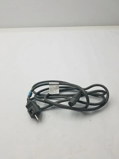 Black 3 prong power cord detachable cable with two-prong plug, three-prong connector, and instruction label wrapped around middle