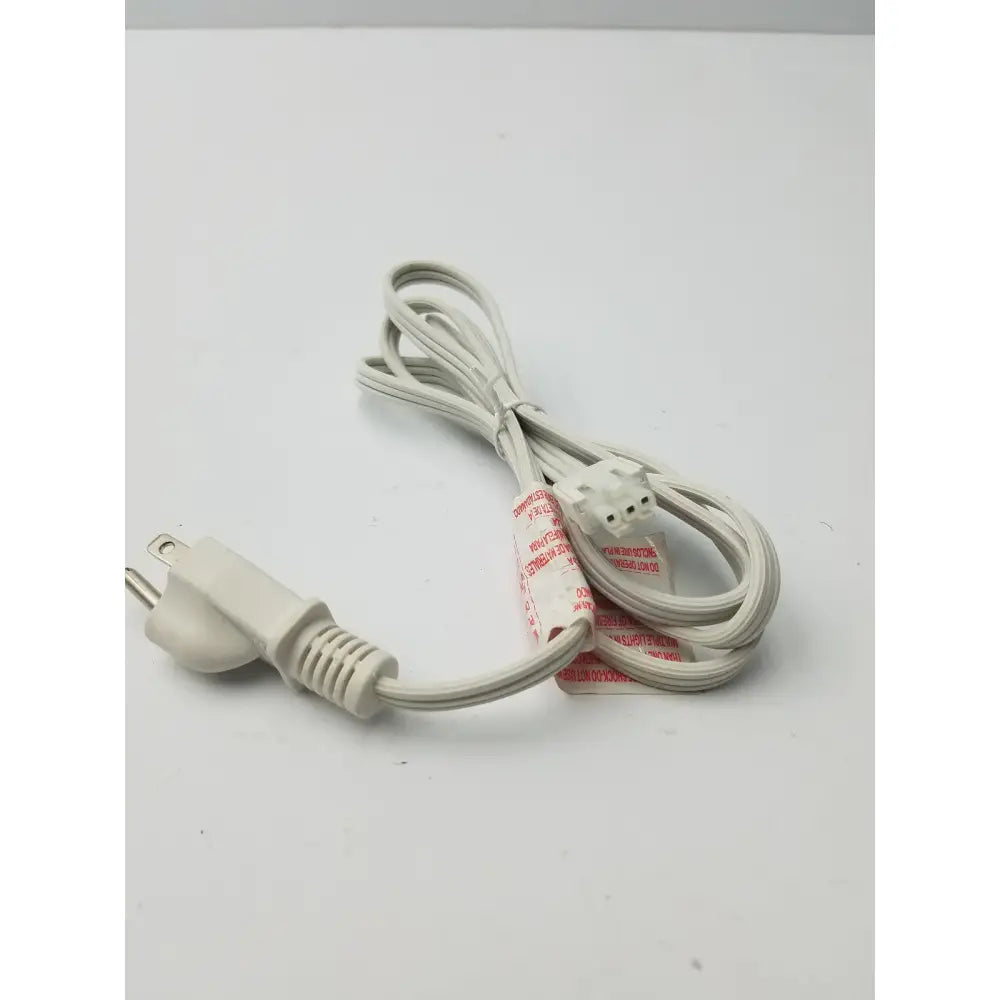 White electric power extension cord with a three-prong plug and three-pin female connector wrapped in red tape