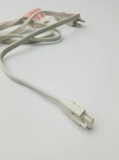 White plastic power extension cord with two-prong plug and rectangular connector for electric power extension use