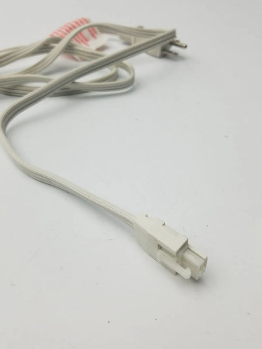 White plastic power extension cord with two-prong plug and rectangular connector for electric power extension use